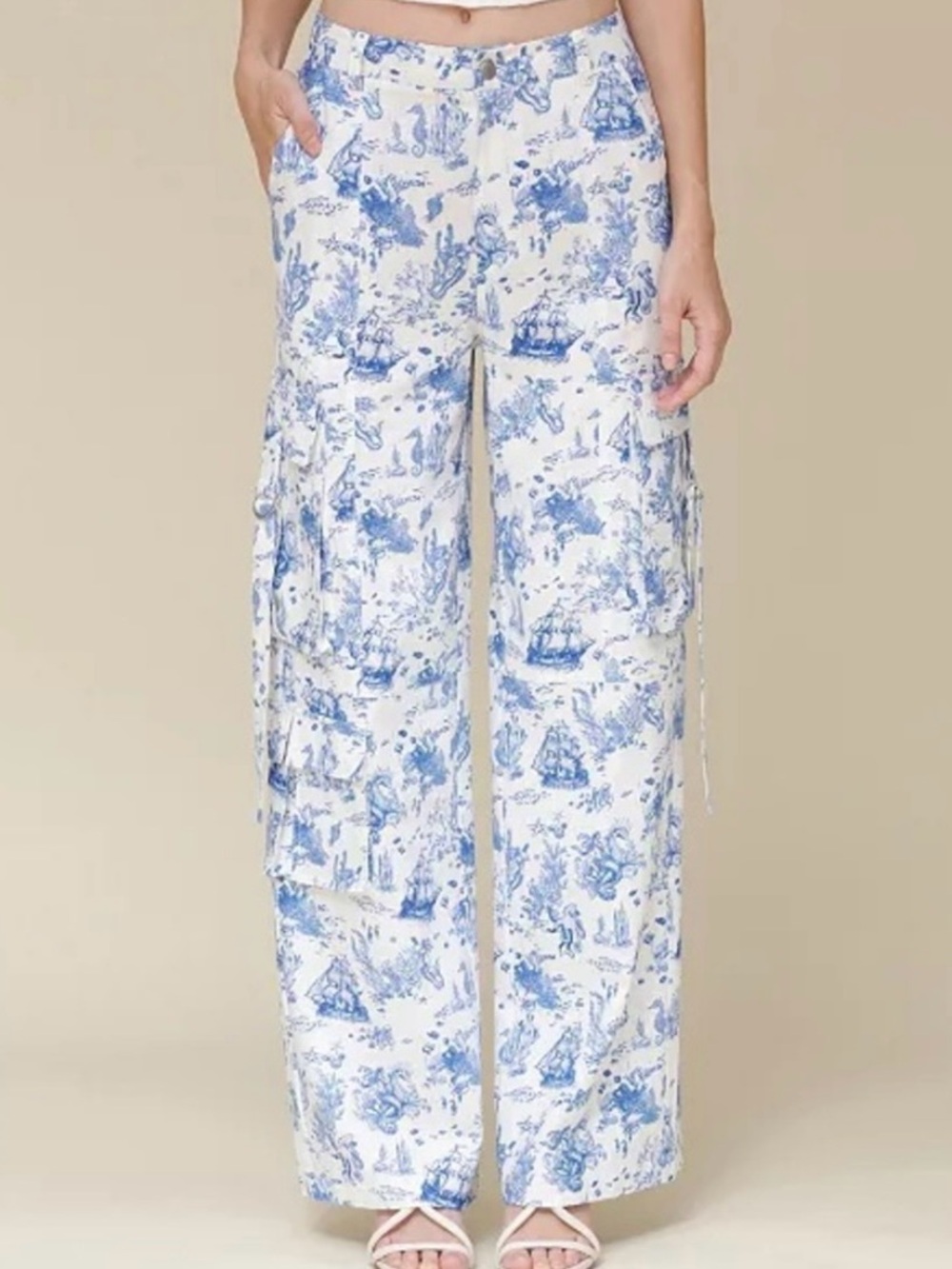 NWT Avec Les Filles High-rise Linen-Rayon Print Wide Leg Cargo Pants, Large